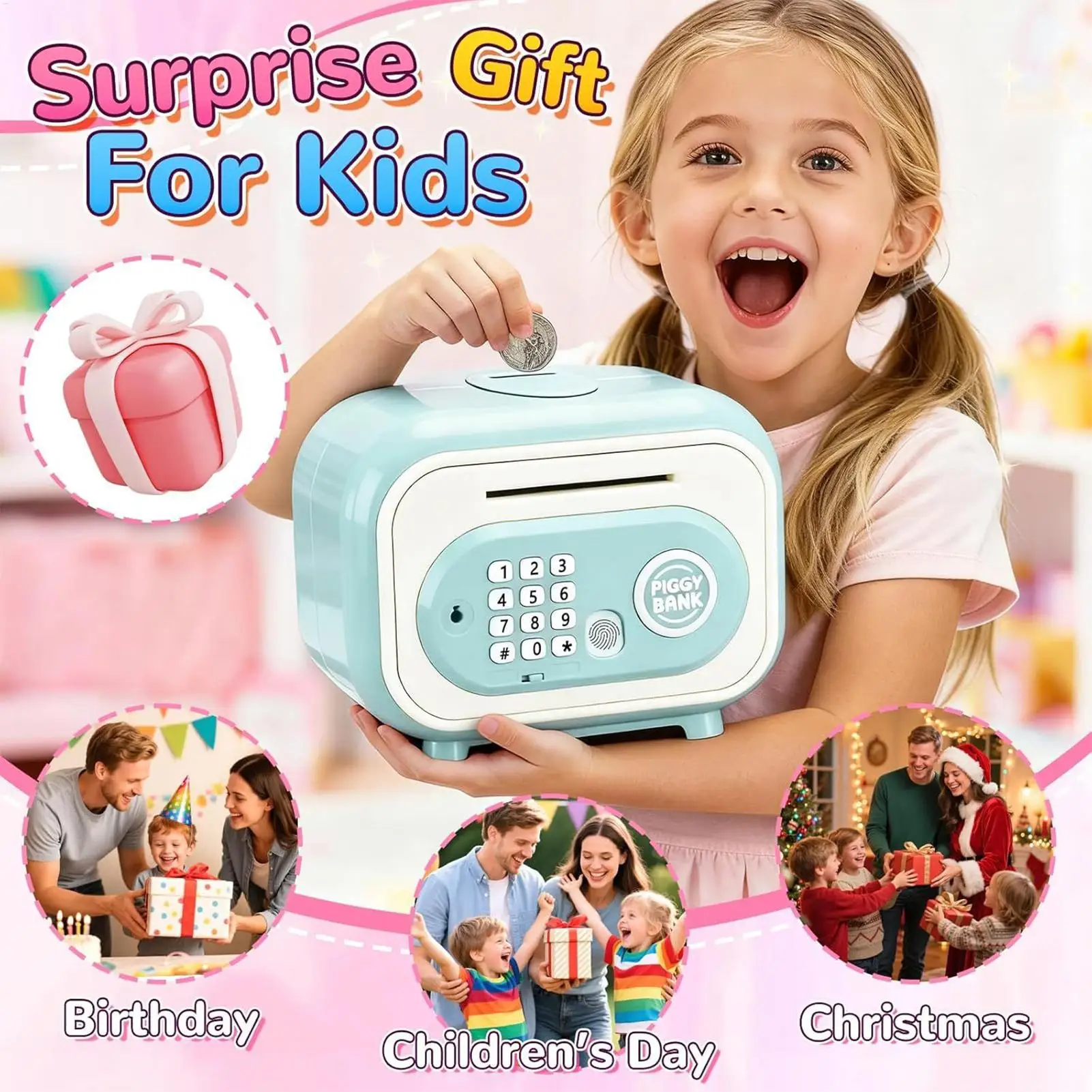 Elektronische bank Cash ATM-speelgoed Elektronische spaarpot met code en vingerafdrukwachtwoord voor het tellen van besparingen Leeftijden 3-12 Meisjes Tieners