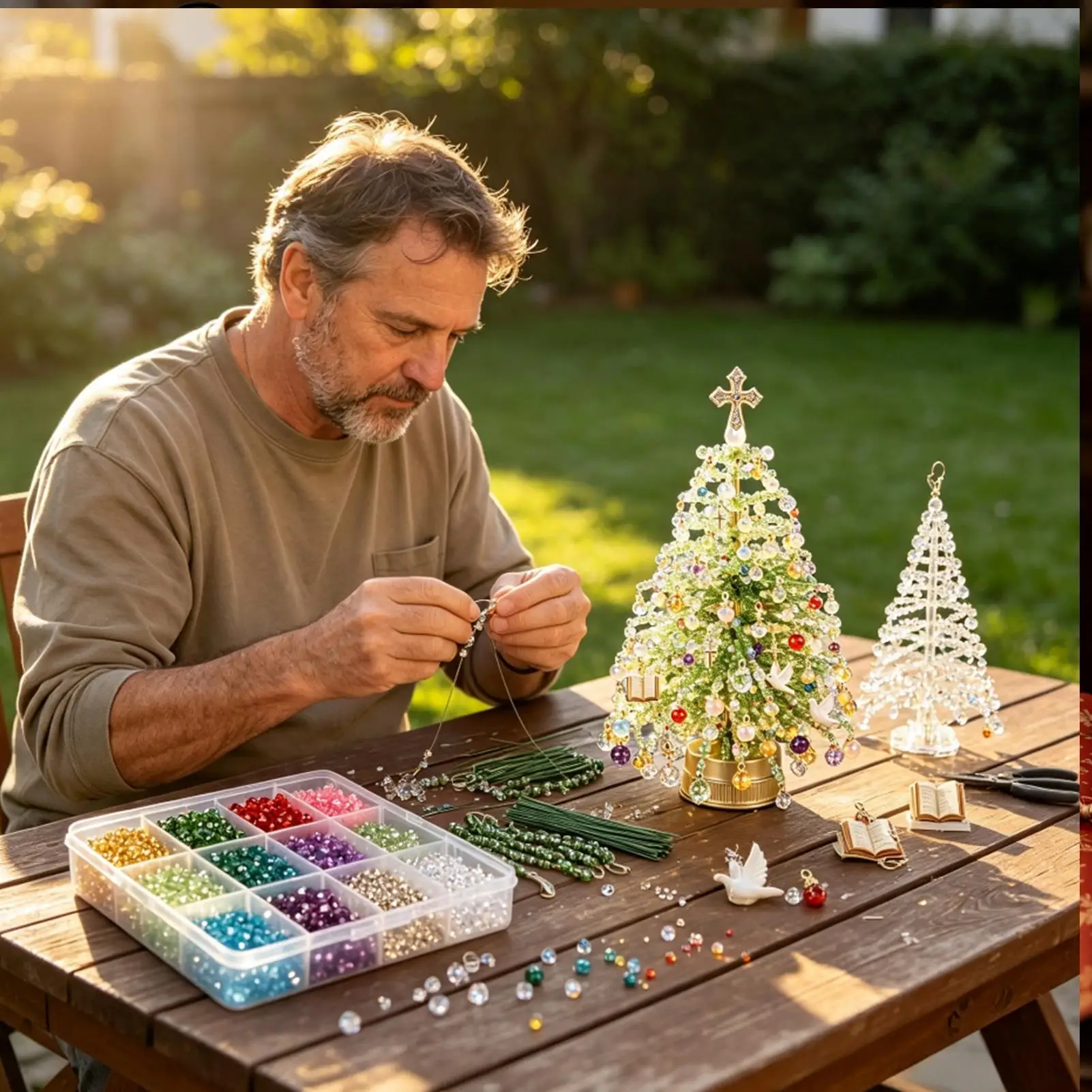 クリスマスツリーのビーズ細工アートの作り方説明書が付属しています。プロ向けのお祝いのクラフト作品、クリスマスツリーのビーズ細工ジュエリーアートです。