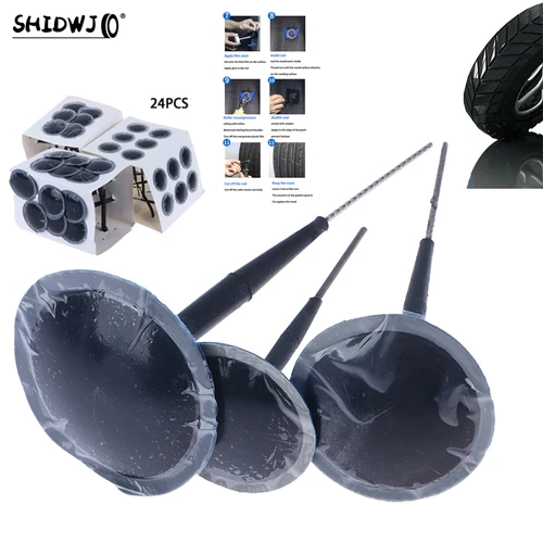 Kit de reparación de llanta de seta neumática, 24 piezas, 3/4, 5/6mm, película de parche frío para neumático de coche, máquina de costura de goma, enchufe Integral