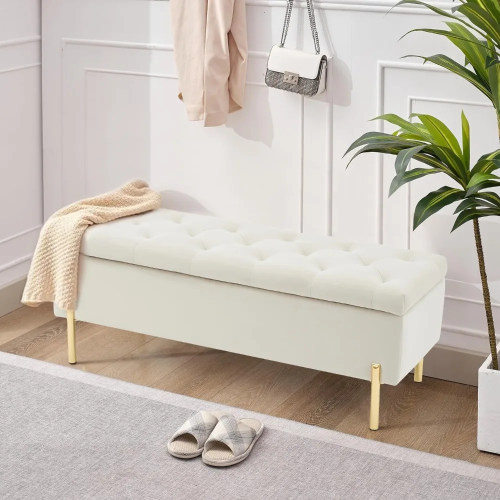 

Velvet Ottoman Bench with Storage, Modern Beige Velvet Upholstered Metal Leg Bed end Stool, Bedroom, Cloakroom, Living Room