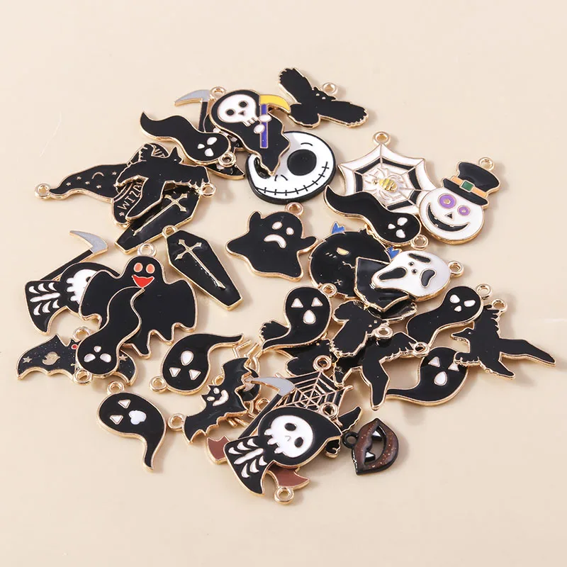 Mixed 20pcs Enamel Halloween Death Ghost Charms Pendants for Jewelry Making Cute Earrings Necklaces DIY Craft Jewelry Gifts