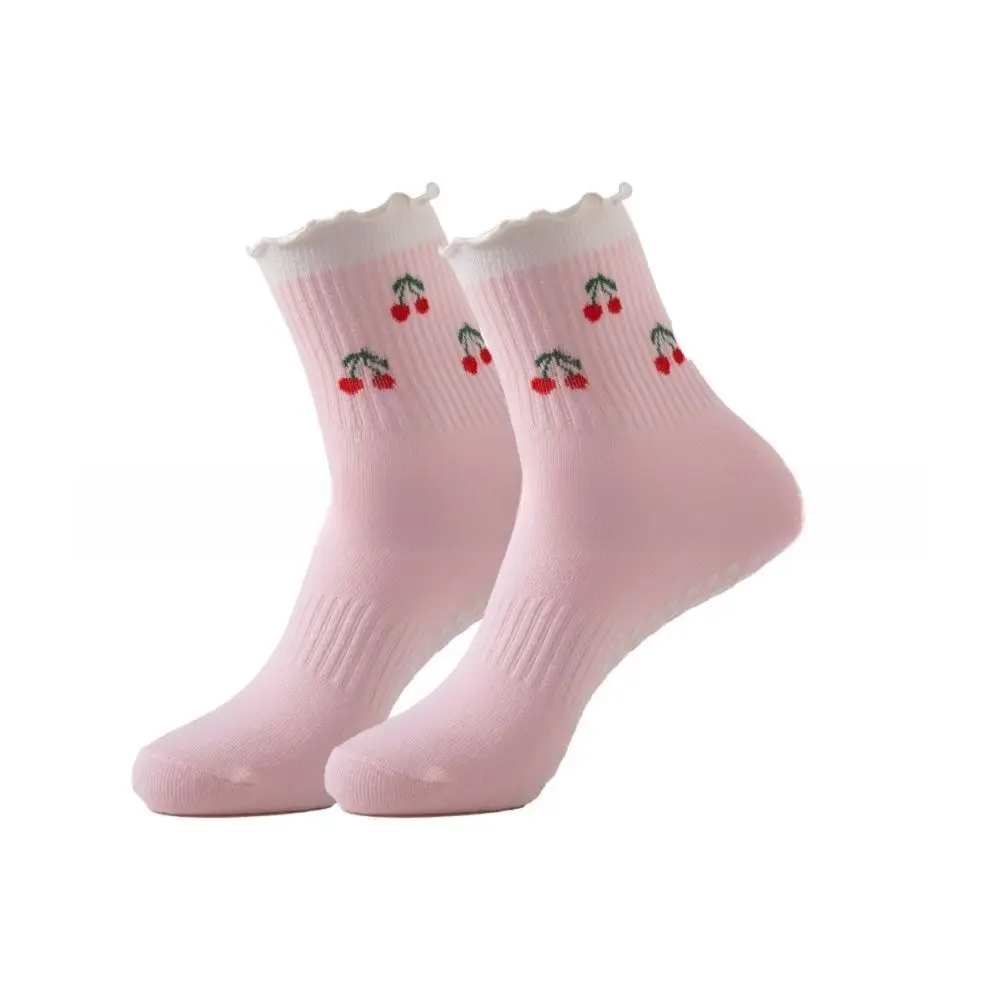 New Cotton Pilates Socks Breathable Harajuku Street Cherry Embroidery Socks Sweat-absorbent Non-Slip Grip Yoga Socks