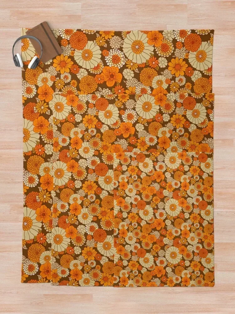 70s retro daisies, vintage flower power, orange and brown, boho, Throw Blanket Fashion Sofas Hairys Flannel Fabric Blankets