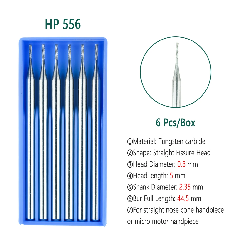 Bor gigi Tungsten Carbide, bor gigi Tungsten Carbide Burs kepala celah lurus HP Dia 2.35mm untuk hidung lurus kerucut alat dokter gigi 6 buah/kotak