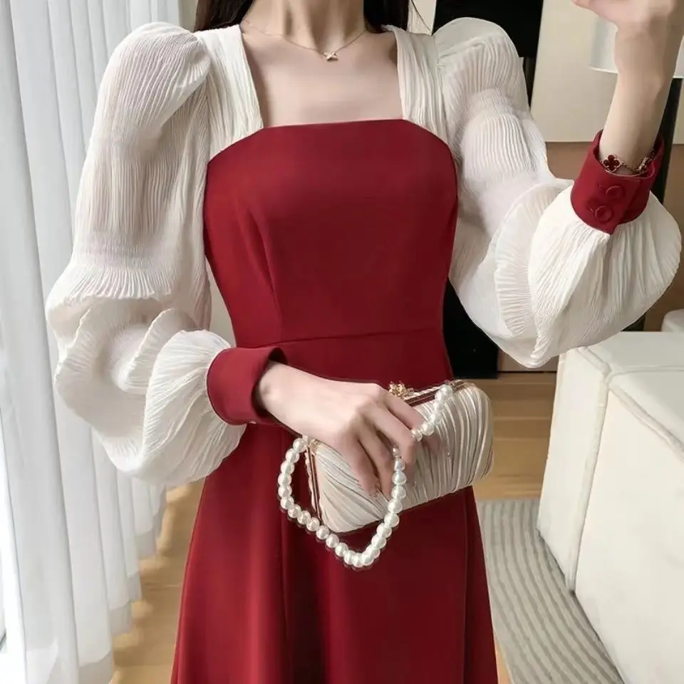 

Red Dress Women's 2022 Spring Dress New Style Square Neck Bubble Sleeve French New Dress Fashion New Year