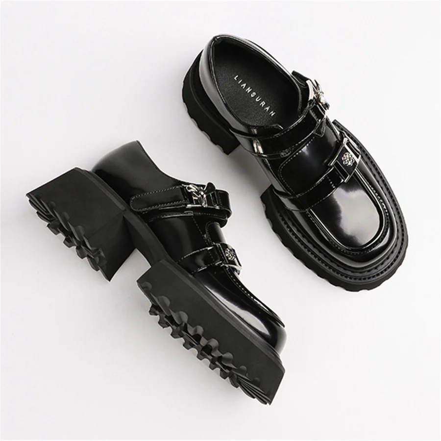 2024 New Women Pumps Thick Sole Platform Shoes Ladies Chunky High Heels Mary Janes Black Leather Loafers Creepers