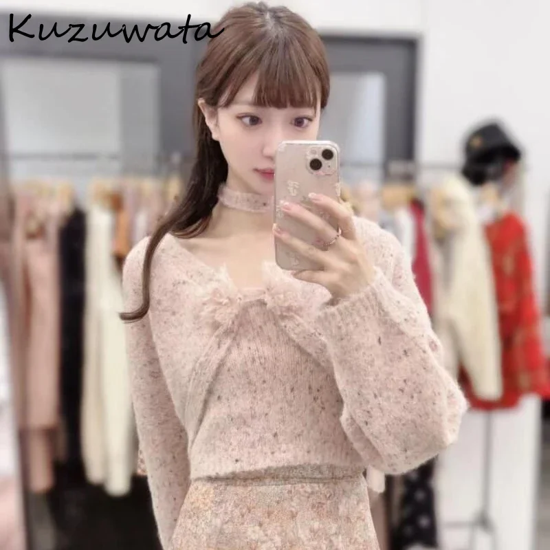 Kuzuwata Moda Wool Sweet Blending Sets Cardigan Elegant V Neck Fresh Vest Japan Casual Lace Up Polka Dot Temperament Suit Tops