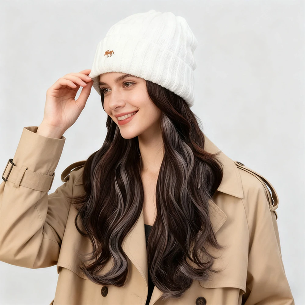 Hat Wig Winter Warm Hat With Long Wavy Synthetic Hair, Gradient Highlight Curly Fashion Hair Accessories For Ladies