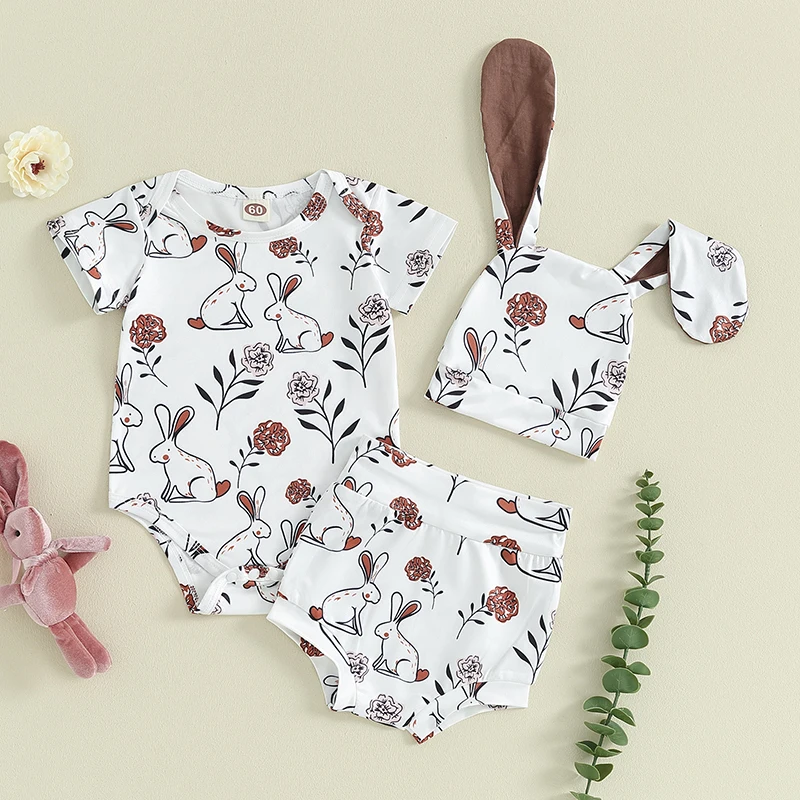 

Suefunskry Lovely Baby Shorts Set, Cute Rabbit Flower Print Short Sleeve Romper with Shorts and Hat Easter 3Pcs Outfit