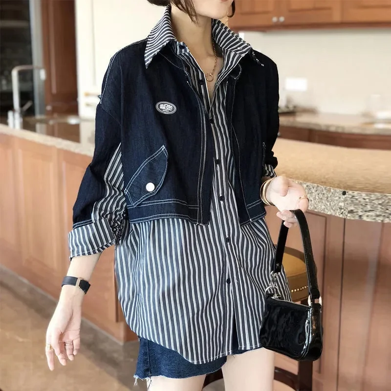 European Station 2023 Early Autumn New European Casual Stripe Denim Vest Shirt Women's Set Fake Two Piece Set Fashionable