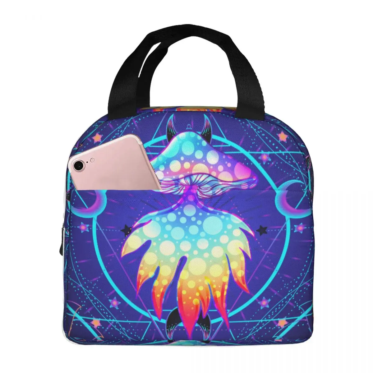 Thermal Insulated Bag Lunch Box Magic Mushrooms Over Sacred Geometry Lunch Bag Fridge Bag Cooler Handbag Food Bag for Work