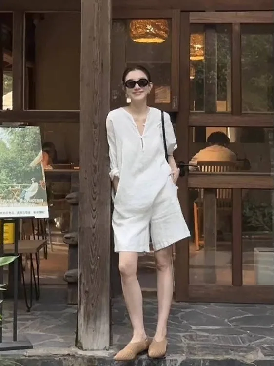 

Summer White Linen irt Wide Leg Pants Two Piece Set Women's Faion Sensation Money-Old Sle Sun Protection Casual Sportswear