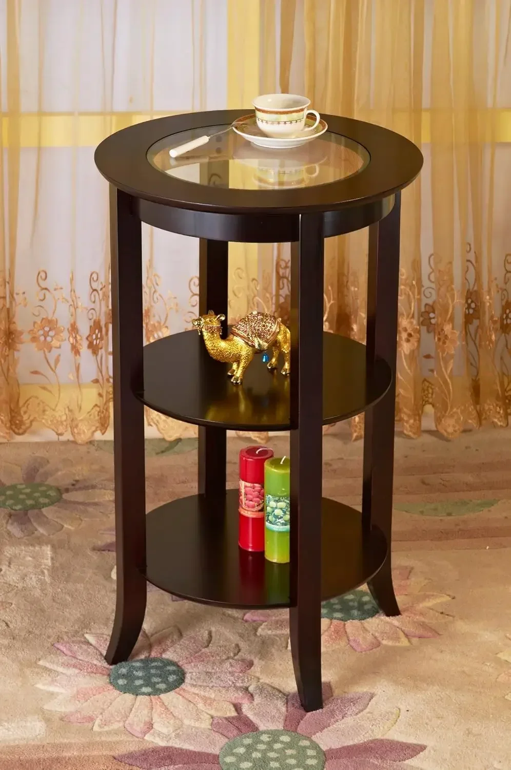 Wood Genoa End Table, Round Side /Accent Table , Inset Glass Espresso