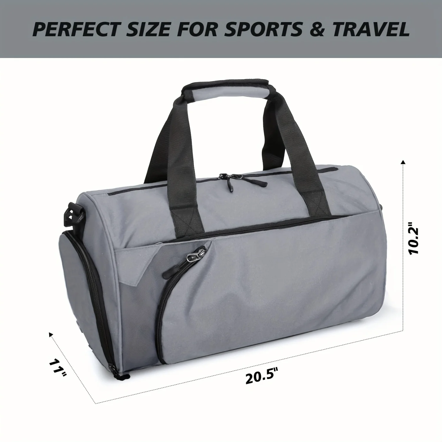 40L Gym Duffel Bag with Wet Pocket & Shoe Compartment - Unisex Weekender Carry On - Lightweight Grey Sports Bag