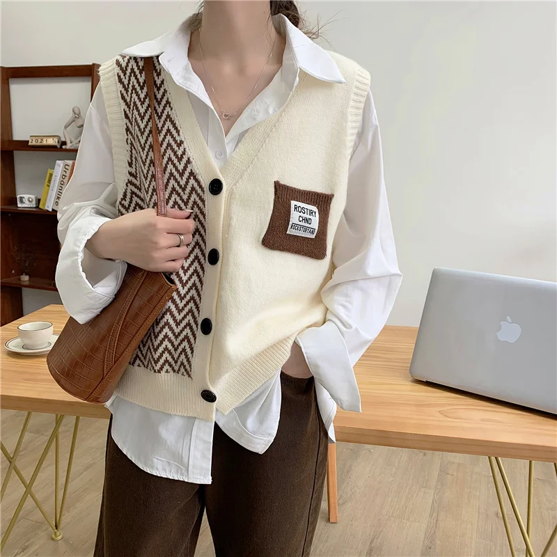 

Sweater Vest Women Spring Korean Style Clothing Printed V-neck Single Breasted Lovely Streetwear Young Ladies Cosy Fit Vintage