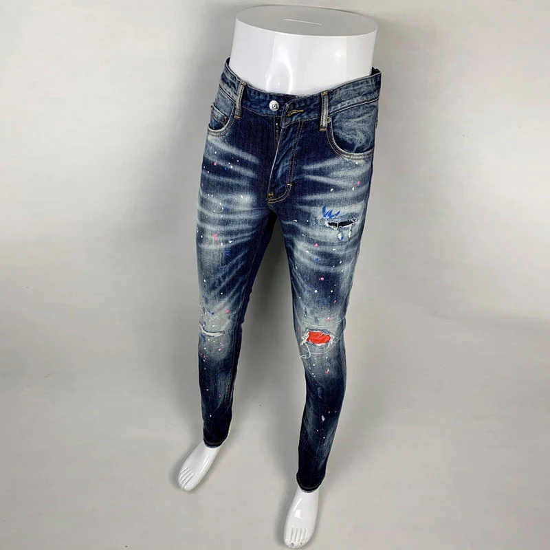 High Street Fashion Men Jeans Retro Blue Stretch Skinny Fit Painted Ripped Jeans Men Patched Designer Hip Hop Brand Pants Hombre