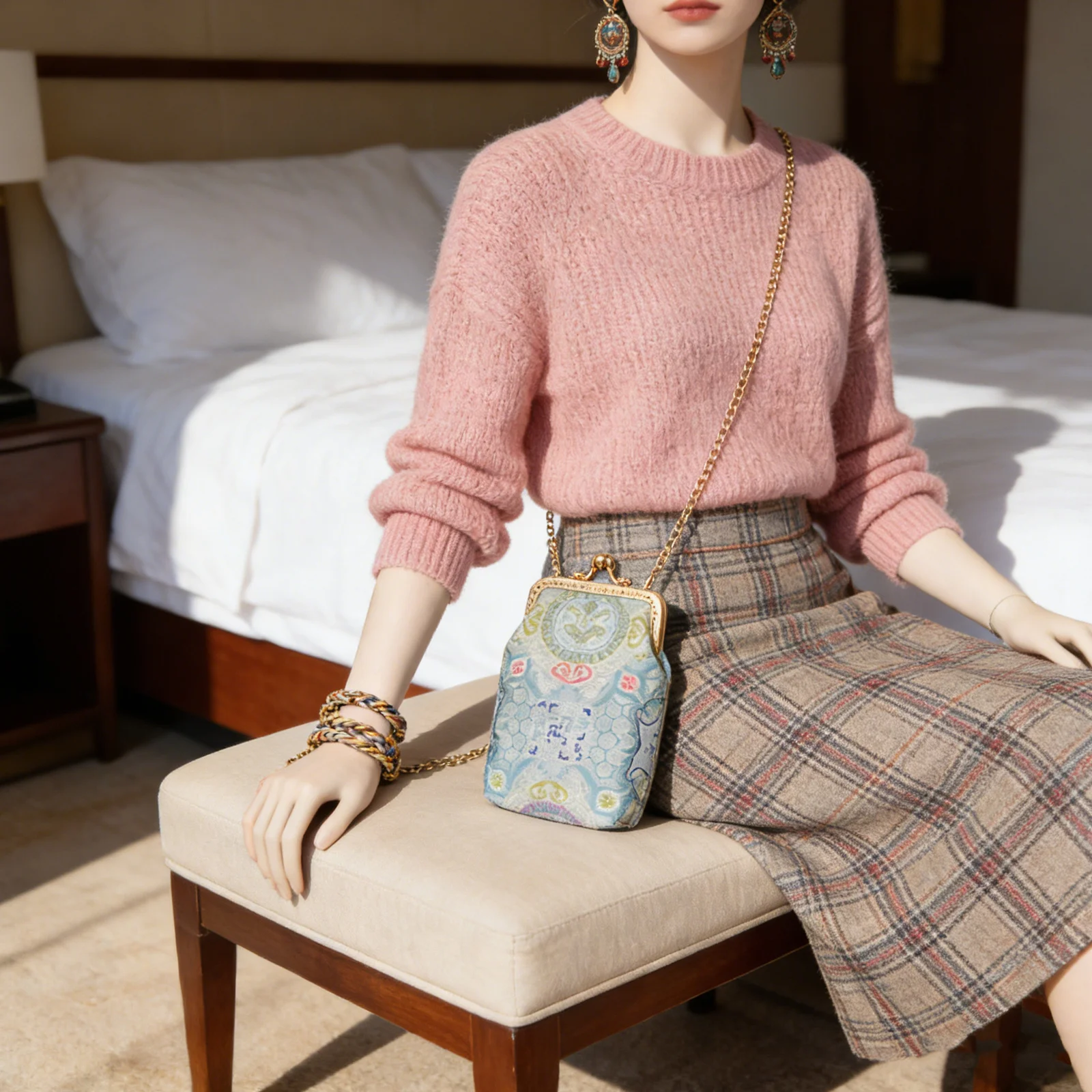 Vintage Crossbody Coin Purse Embroidered Floral Bag 110Cm Chain Phone Wallet Lipstick Storage Mini Crossbody Bag Women