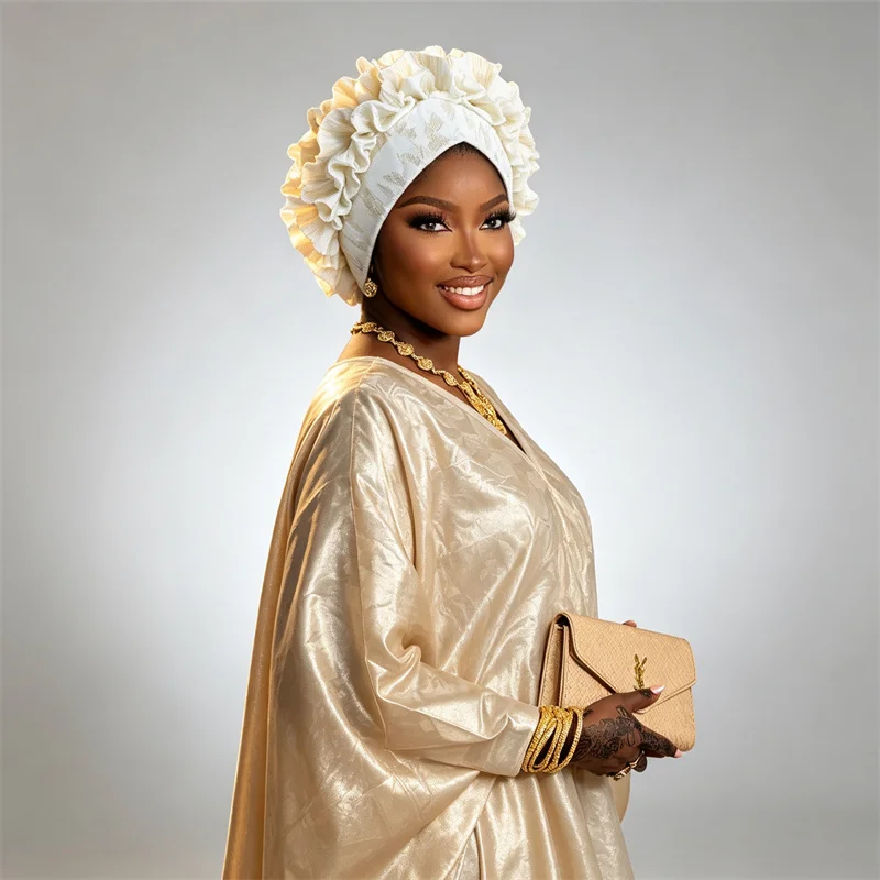 Shiny Ruffled Turban Cap for Women African Auto Gele Headtie Aso Oke Nigeria Wedding Party Headgear Hijab Head Wrap Headpiece