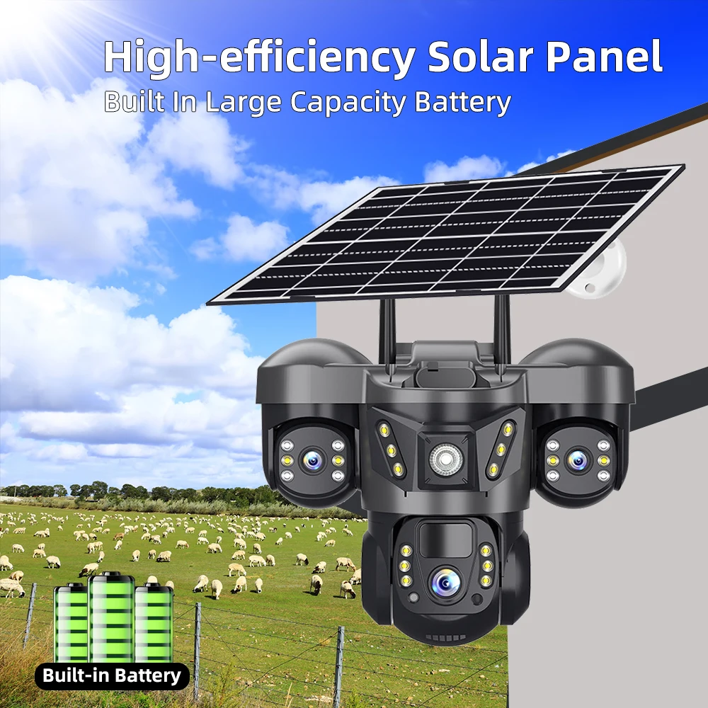 V380 PRO 15MP 10X Zoom Lente Tripla 4G Câmera Solar Ao Ar Livre CCTV PIR Detecção de Movimento Vigilância de Segurança de 3 Tela