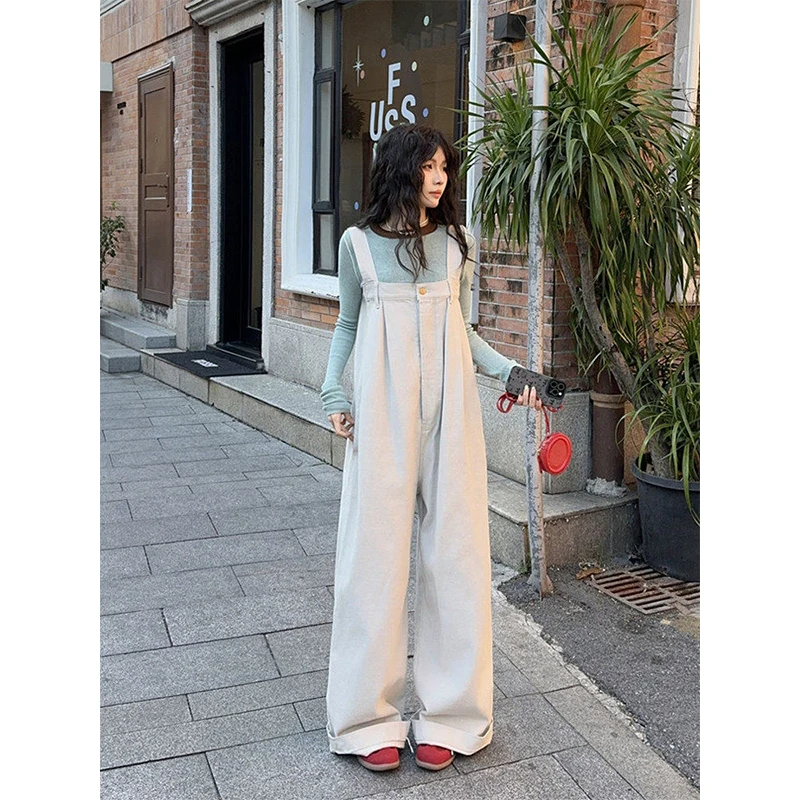Women's Beige Denim Overalls 2026 Spring Casual Loose Straight Wide Leg Bib Pants Personalized High Waist Sleeveless Jumpsuit