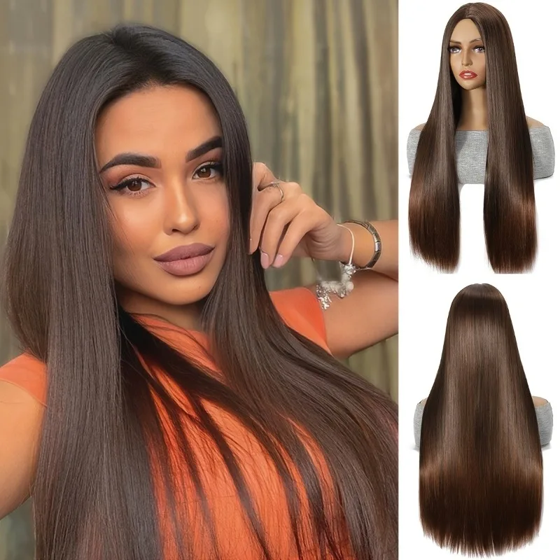 Dark brown long straight hair women's wig, suitable for daily parties, cosplay and music festivals