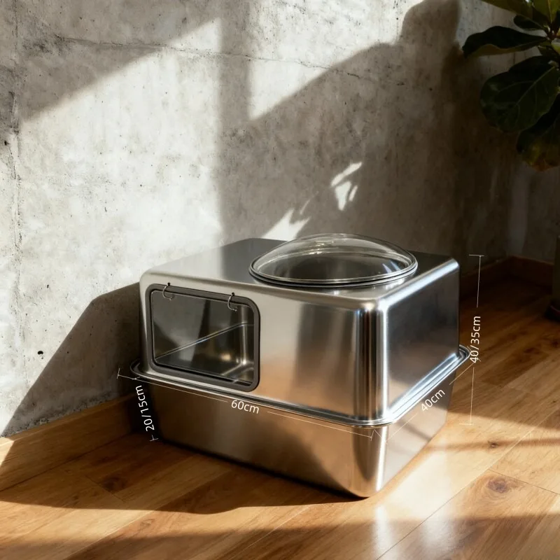 All-Stainless Steel Enclosed Litter Box Extra-Large Glass Space Capsule Box with Splash Guard and Anti-Scatter Design
