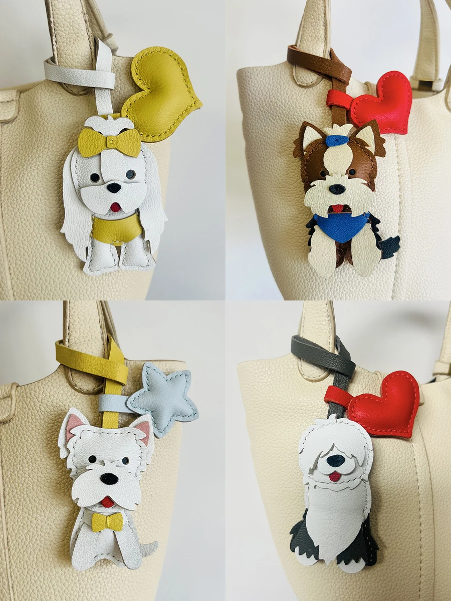 Cowhide Leather Bag Pendant Yorkshire Dog Key Chain Decoration Cute Dog Bag Pendant Gift Hanging Ornaments