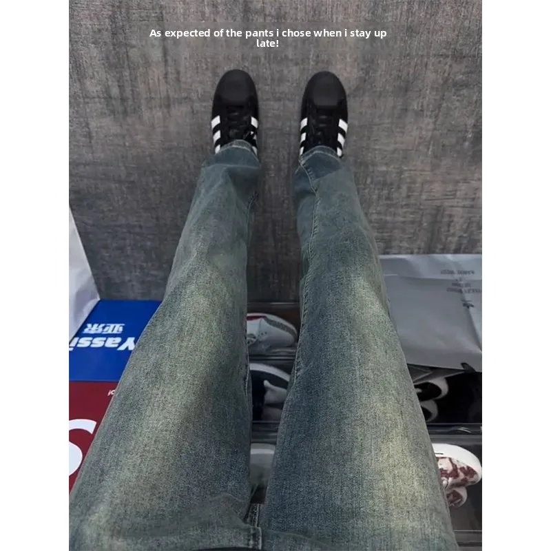 

Retro Blue Haome Slim Fit High Waist Men's Jeans American High Street Sle Straight Leg Trousers Youth Faion Trend