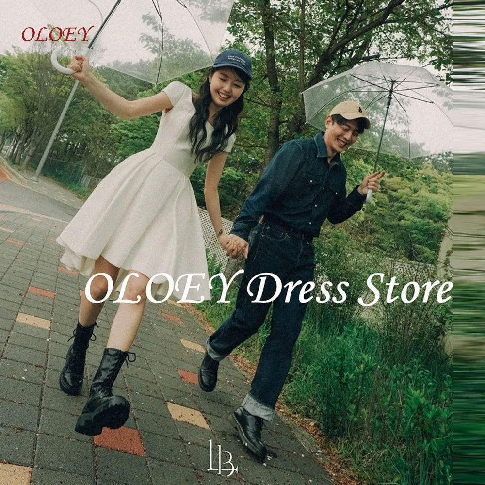 OLOEY Short Sleeves Square Neck Short Wedding party Dresses Korea Photo shoot Bride Gowns Mini Satin Bride Receiption Customize