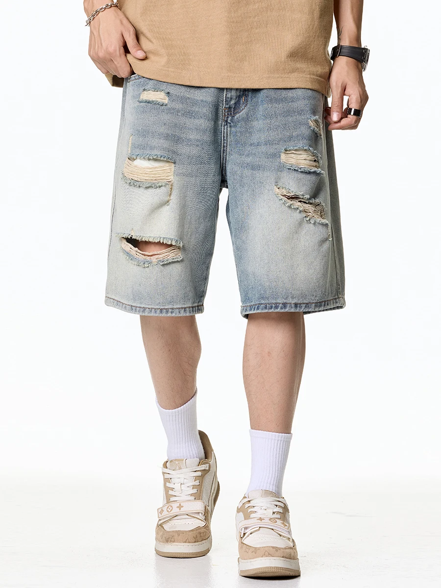 

High-End Vintage Men's Denim orts Summer New Sle Casual Wear-Wear Five-Quarter Loose Straight Cut Versatile Mid-Pants