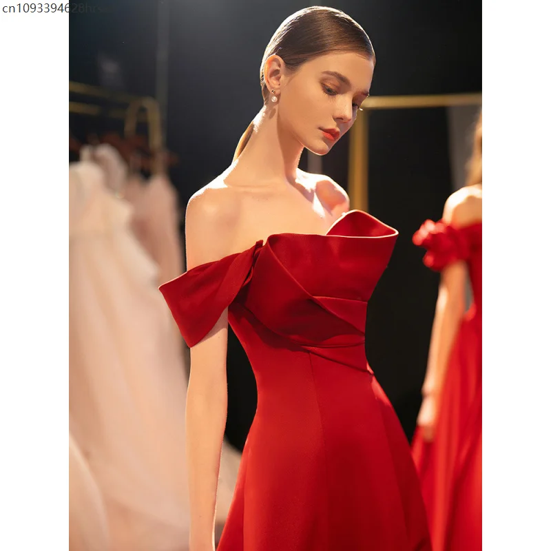 Bordeaux Slim Fit Sexy Satijn Off-Shoulder Verlovingsavondjurk Voor Vrouwen Strapless Lange Avondfeest Galajurk Nieuw