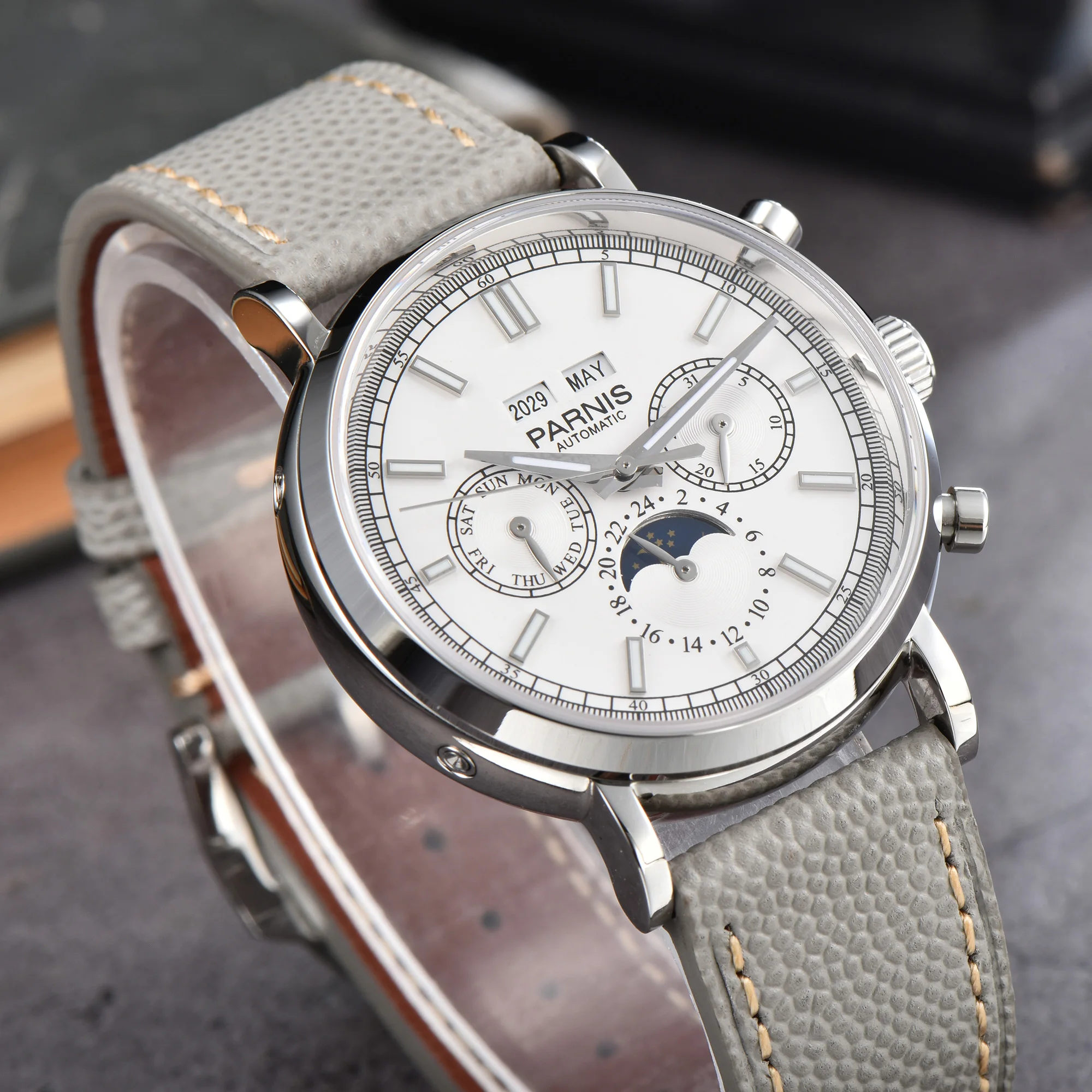 New Parnis 40mm White Dial Mechanical Men Watch Calendar Leather Strap Automatic Waterproof Watch Men Reloj Hombre 2026 Clock