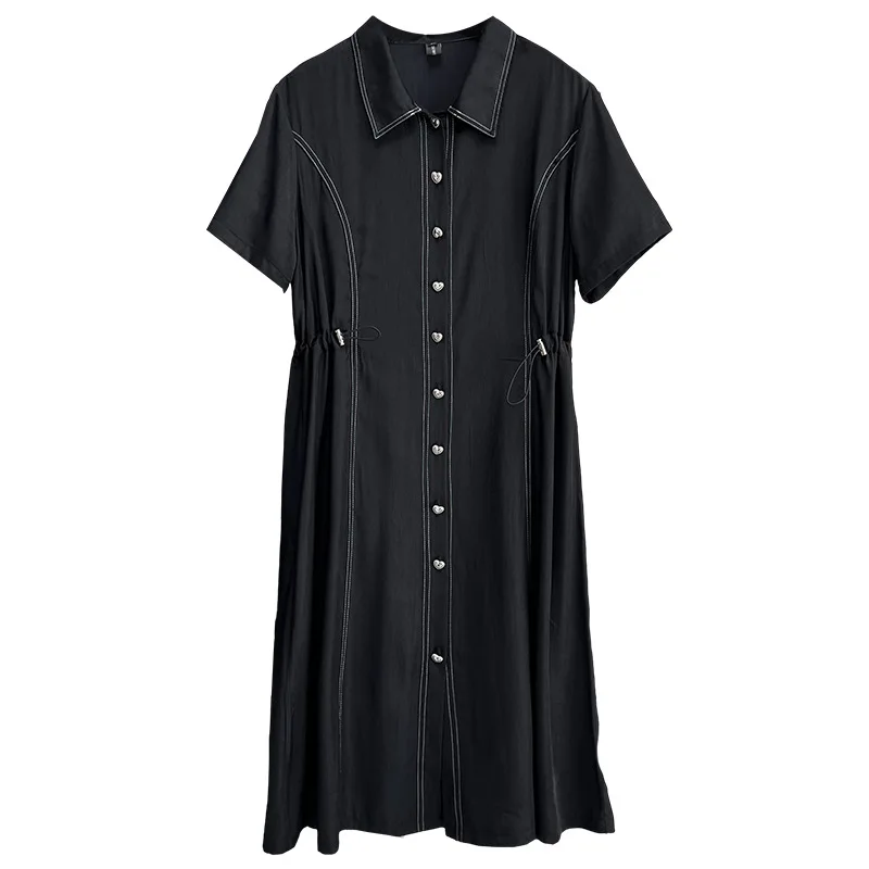 

100 К летнее новое платье больших размеров, модное платье-рубашка с короткими рукавами и завязками на талии и яркой линией для женщин 2520