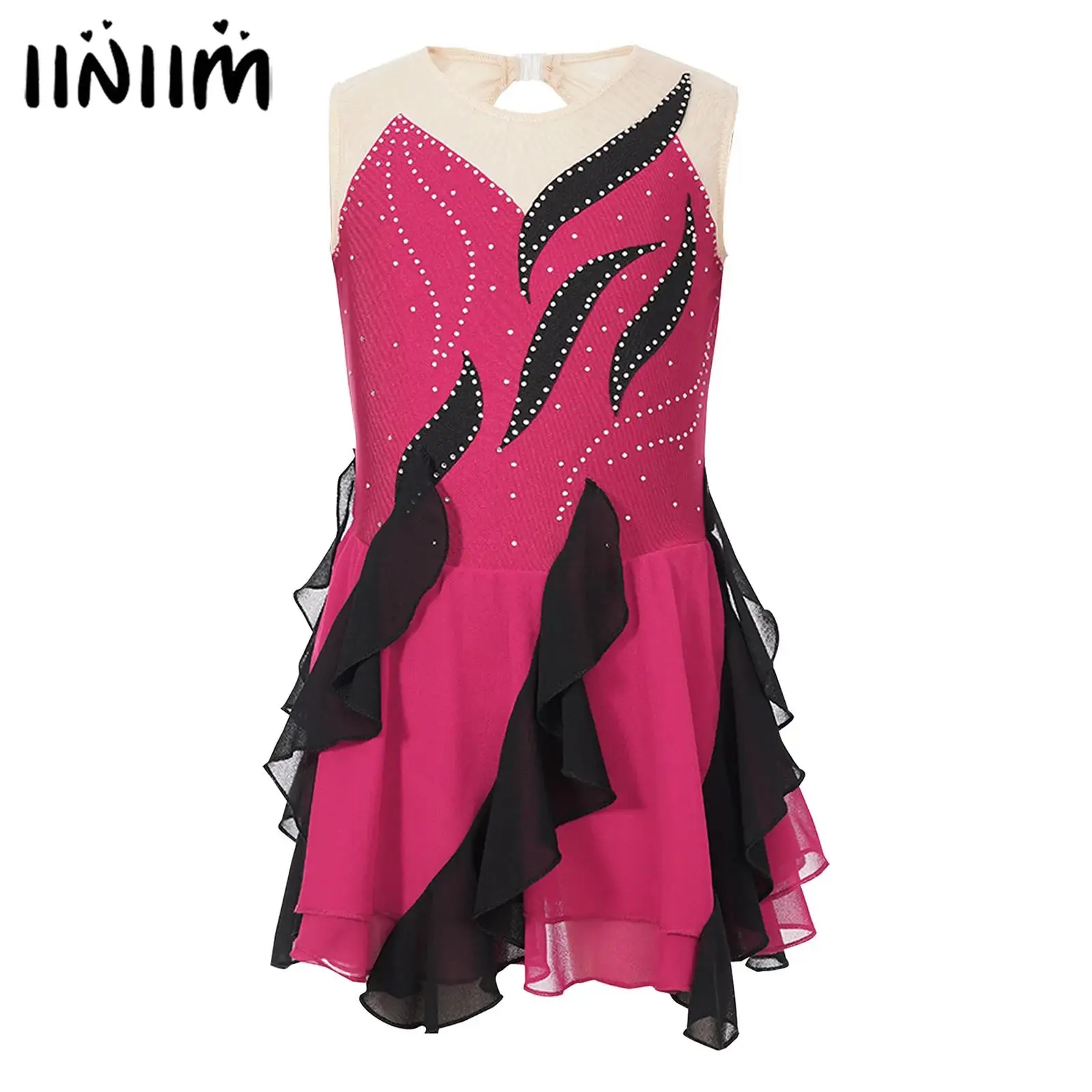 Girls Shiny Ruffle Artistic Skating Costume Gymnastics Leotard Ballet Jersey Lyrical Dance Dress Mesh Mordern Dress Dance wear