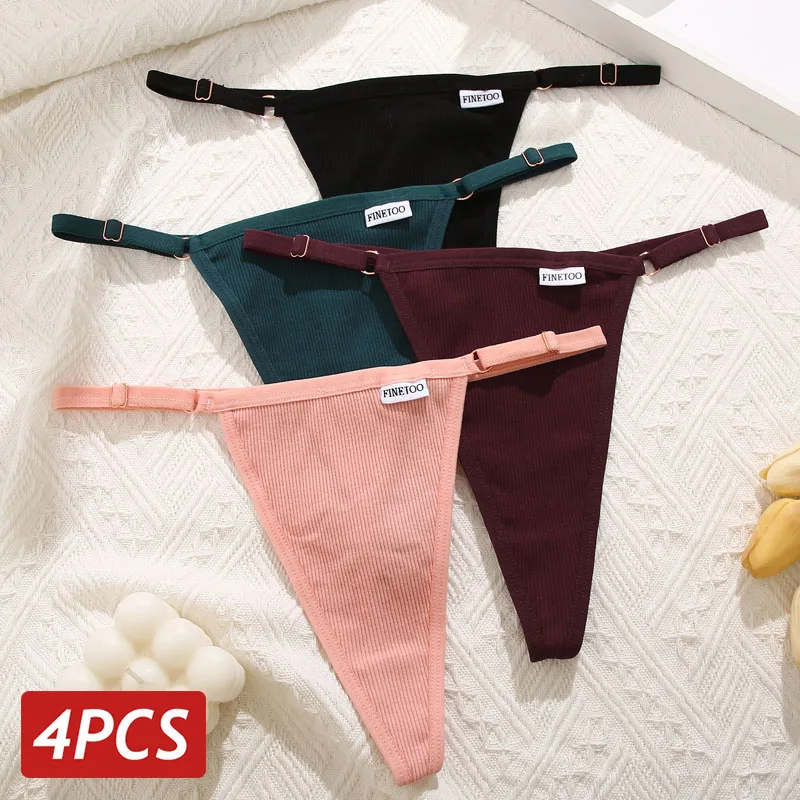 

FINETOO 4pcs/set Adjustable Women's Cotton Panties Sexy Low Rise Thongs Solid Color Seamless Female Underpants Women Lingerie