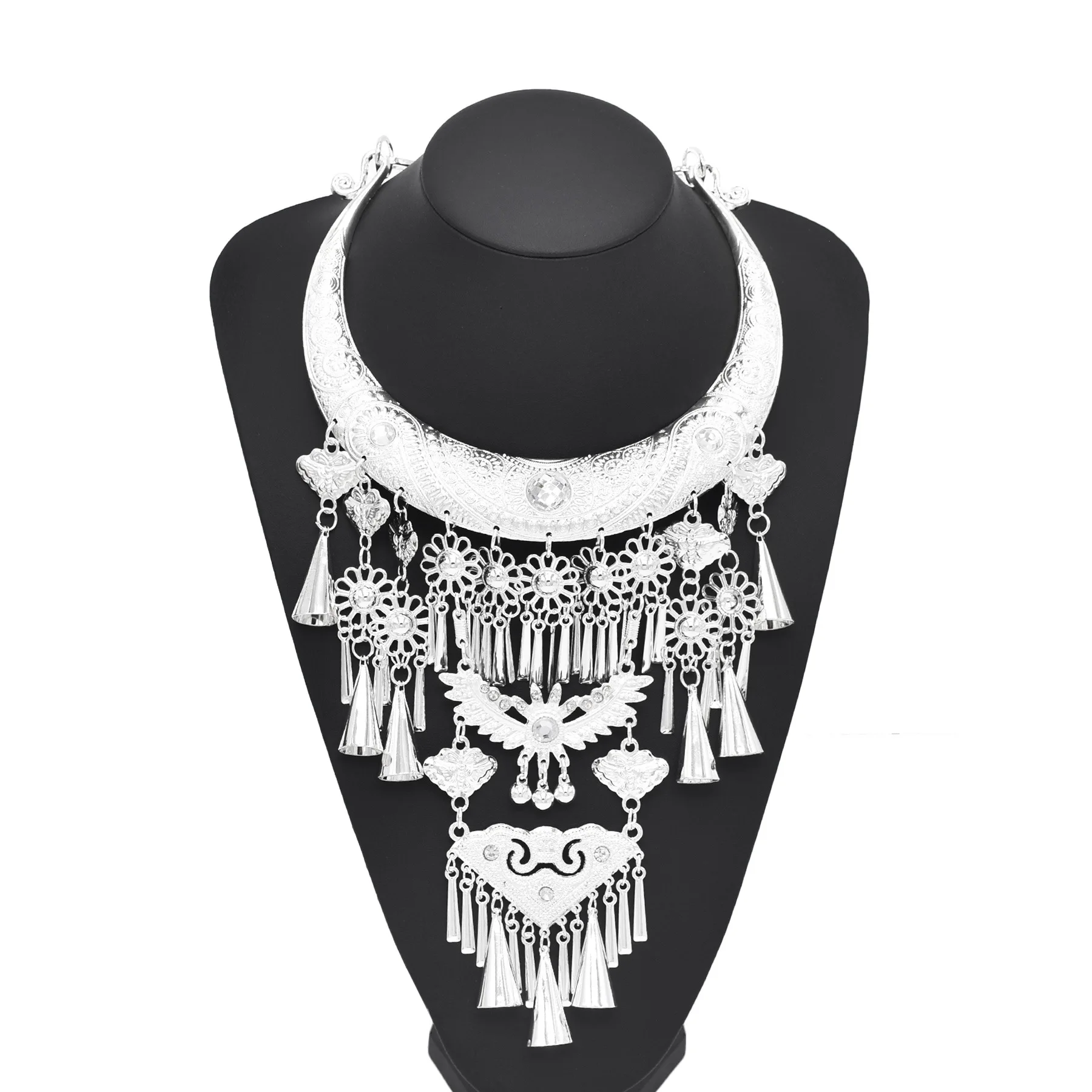 Silver Plated Alloy Horn Tassel Choker Necklace for Women Moon Flower Crystal Miao Ethnic Clothing Necklaces Statement Jewelry