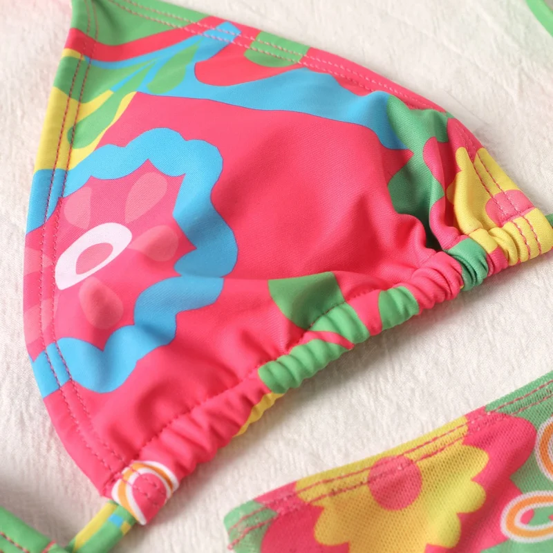 New Floral Triangle Cup Print Tie Sexy Bikini Three-Piece Swimsuit