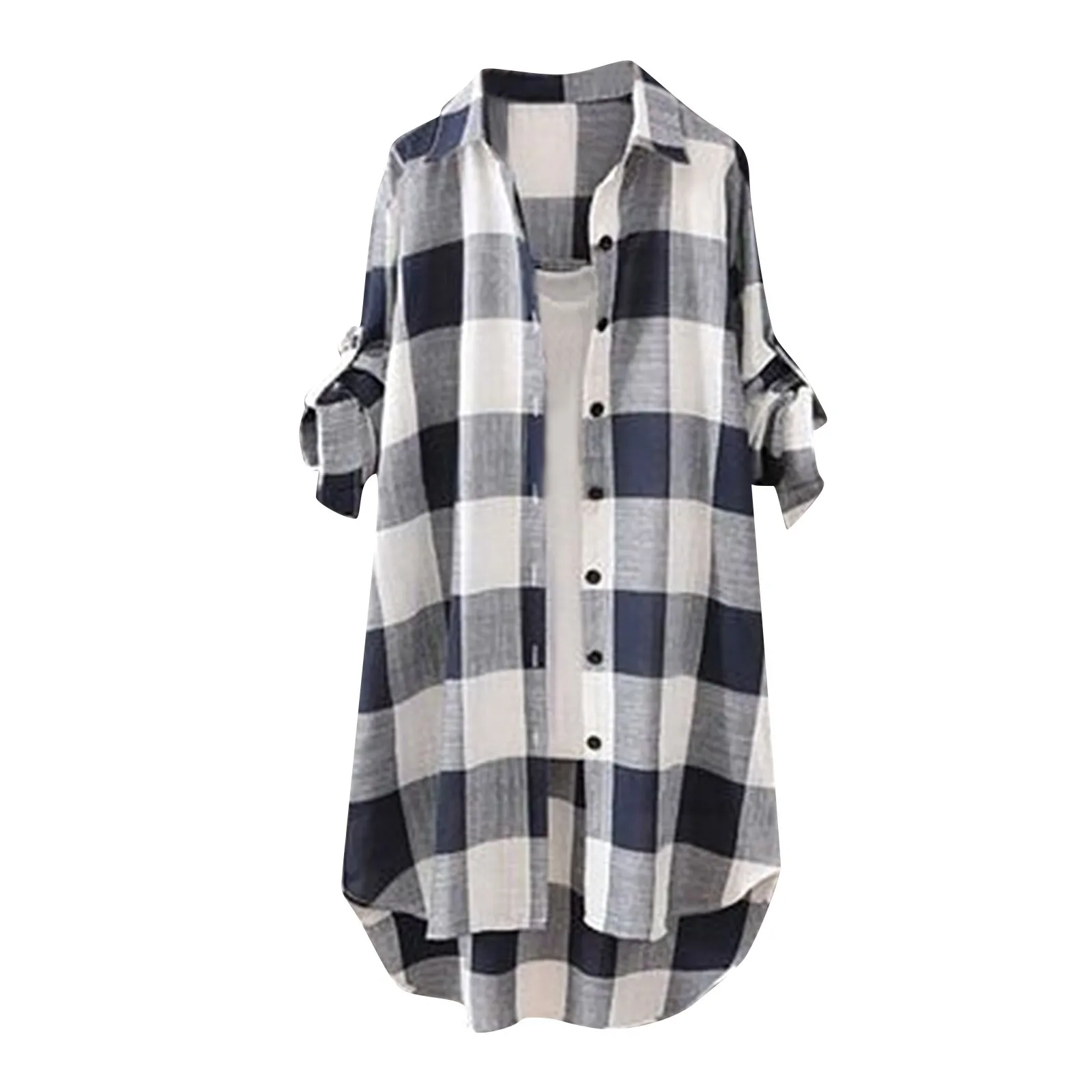 Stylish Sun Protection Plaid Pattern Long Shirt Comfy Roll-up Sleeve Buttons Closure Blouses Shirt Turn-Down Collar Workwear