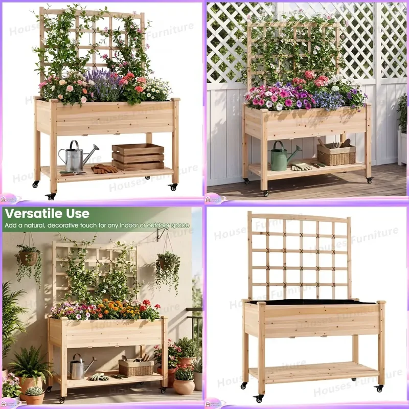 47 Inch Mobile Cedar Planter Box with Lattice and Wheels Elevated Garden Bed for Climbing Plants Outdoor Patio Fence Decor