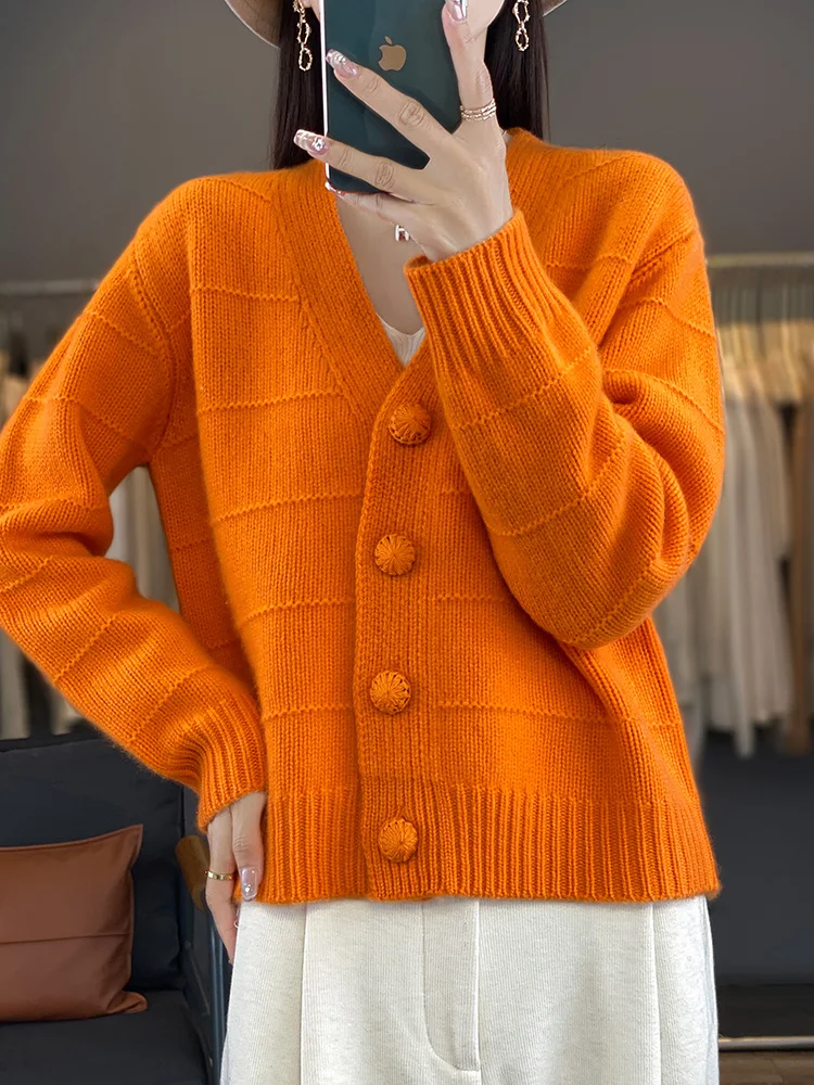 Oversize Womens Cardigan 100% Merino Wool New Arrival Sweater VNeck Pullover Knitted Jumper Lady Clothes Outerwear Fashion Trend