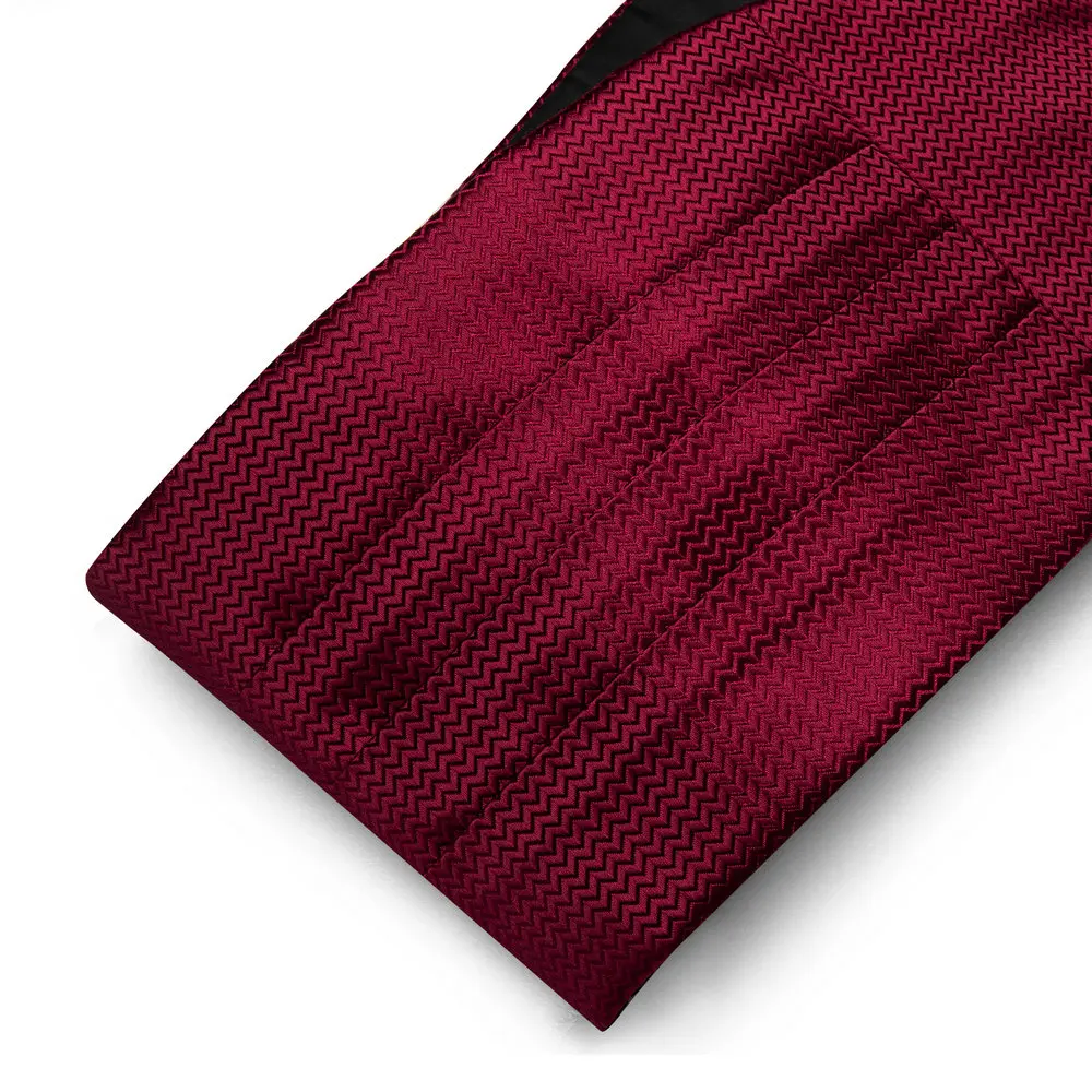 Elegant Wine Red Men Silk Cummerbund For Tuxedo Classic Wave Bowtie Pocket Square Cufflinks Sets Wedding Party Barry.Wang 1067