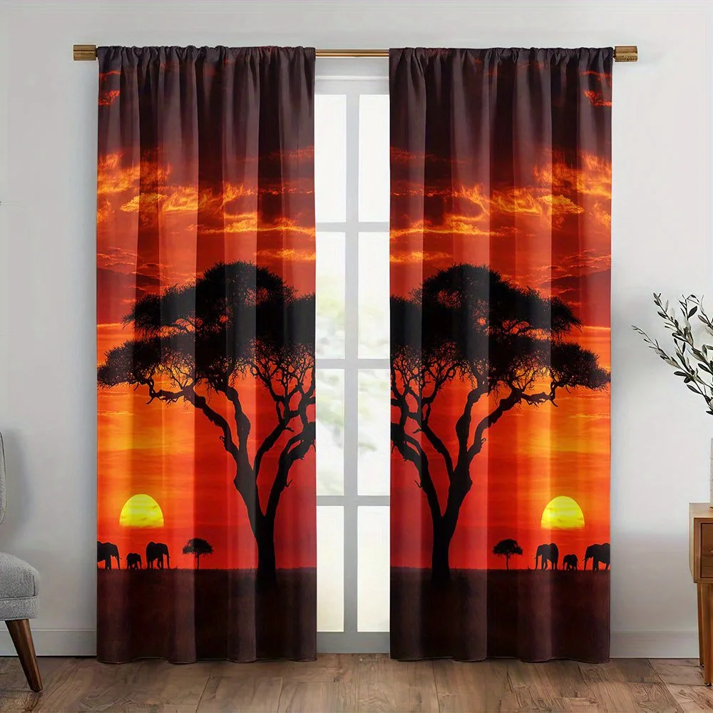 2D Flat -2pcs African Sunset Curtains Elephant Silhouette Print Blackout Drape Living Room Bedroom Window Treatment Home Decor