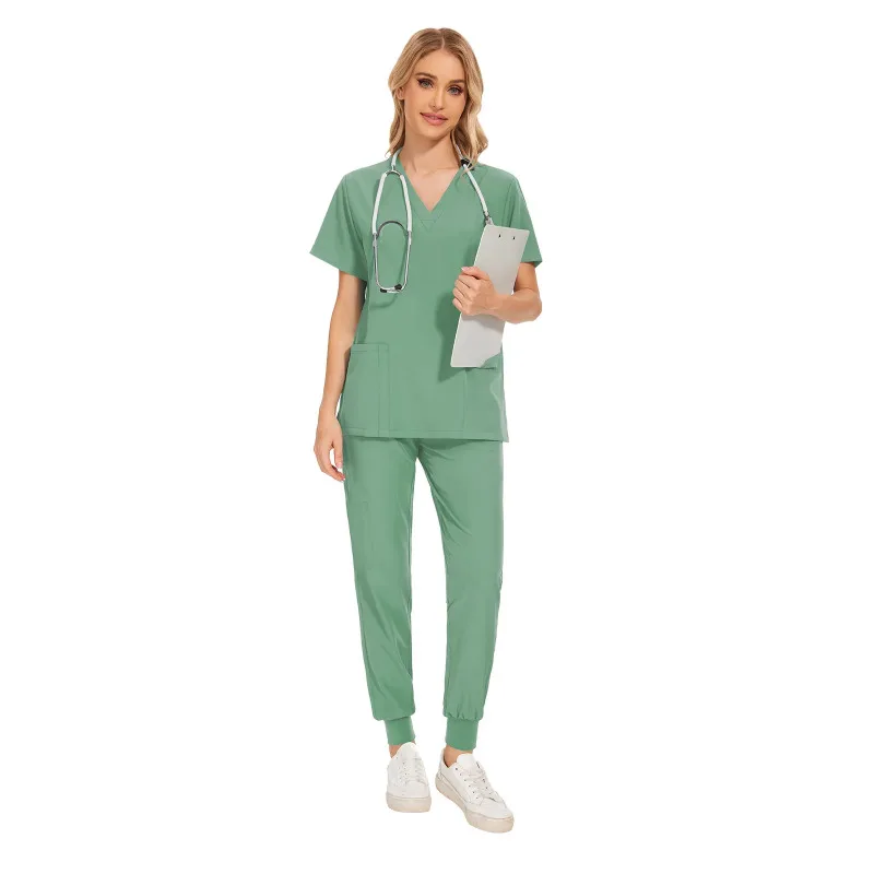 Vrouwen V-Hals Korte Mouw Scrubs Chirurgische Verpleegkundige Uniformen Verpleegkundige Zak Werkkleding Tandarts Medische Uniformen Kliniek Scrub Pak