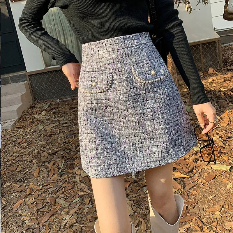 Autumn New Plaid Tweed Skirts for Women High Waist Slimming Wool Mini Jupe Chic Buttons Elegant Office Lady Mujer Faldas K578