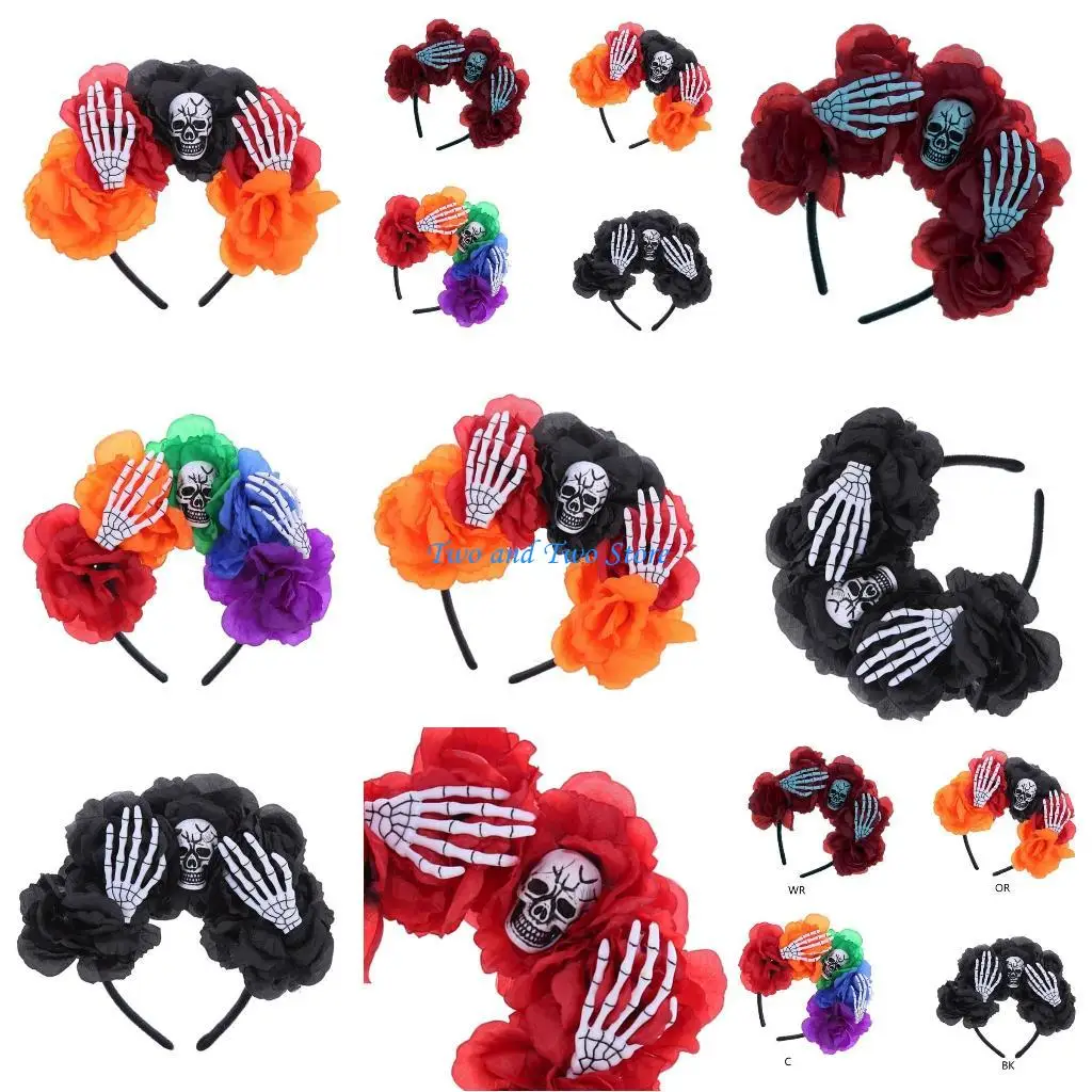 

HX6F Gothic Skull Headband Goth Flower Crowns For Women Skeleton hand Headband Halloween Headband Day Of the Dead Headband