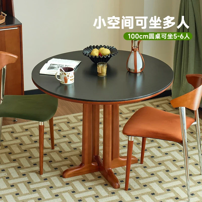 Solid wood black rock slab round table retro restaurant round dining table and chair combination Nordic