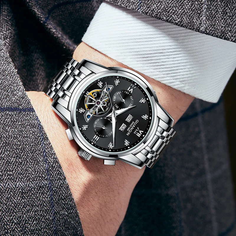 GUANQIN Роскошные мужские автоматические механические часы с многофункциональным циферблатом для бизнеса и отдыха 50 м водонепроницаемые светящиеся часы для мужчин