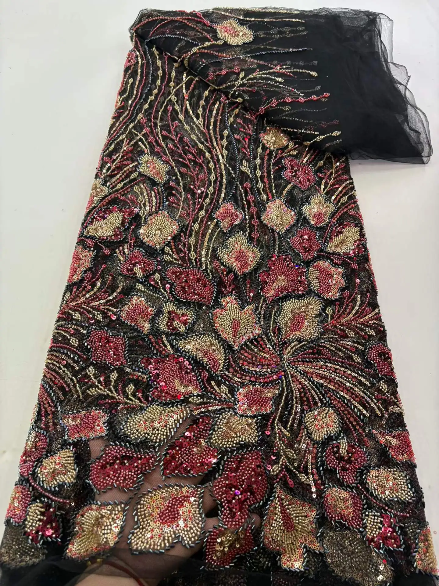 

Beautiful Nigerian Heavy Sequins Beaded Lace Fabric 2026 High Quality 5 Yards African French Tulle Net Lace Fabric For Wedding