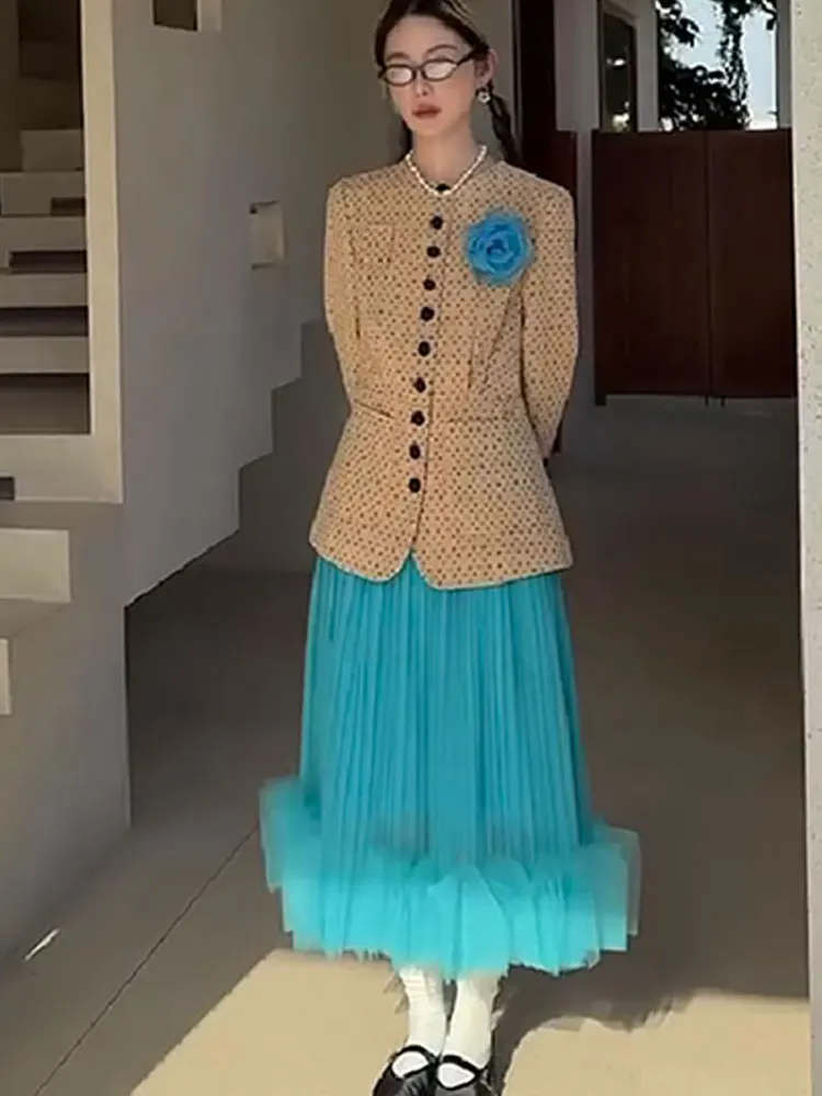 تنورة بتلات فاخرة بطيات للسيدات 2025 تنانير جديدة راقية متوسطة وطويلة على شكل حرف A بحافة فطرية من الحرير المزيف #6