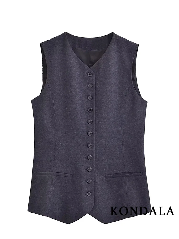 KONDALA Vintage Casual Chic Women Vest Black Solid V-Neck Single Breasted Sleeveless Slim WaistCoats Fashion 2023 Autumn Coats